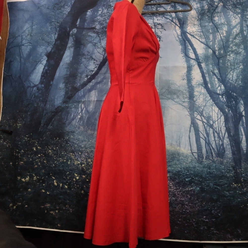 PIN UP DRESS M Red Retro Pin-up Rockabilly Long-sleeved V-neck Dance Matte 60s - Picture 12 of 14